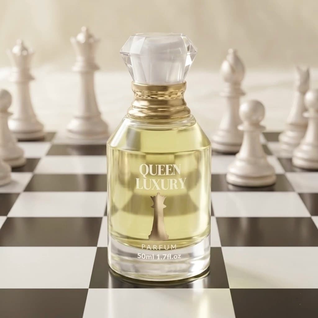 Frasco de Queen Luxury 50 ml sobre um tabuleiro de xadrez com peças brancas