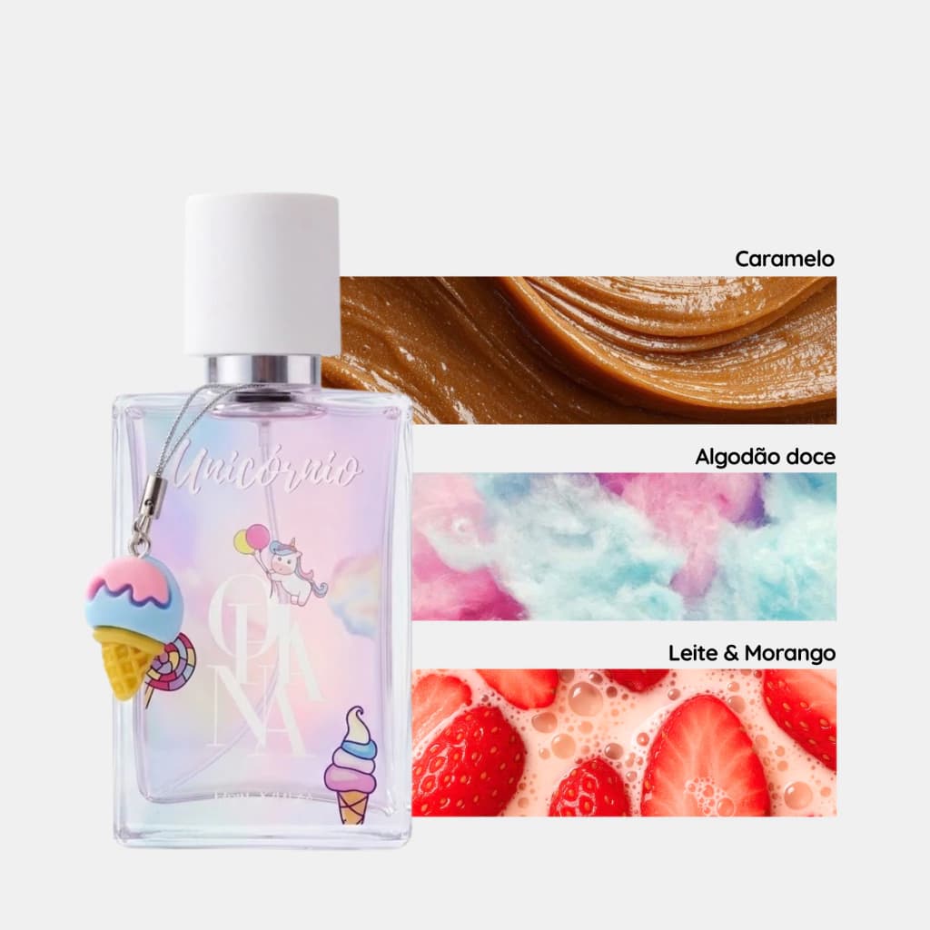Frasco do perfume Unicórnio com tampa rosa