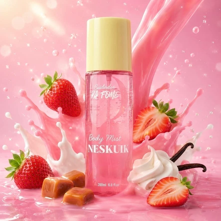 Body Mist Neskuik num splash rosa com morangos e caramelo